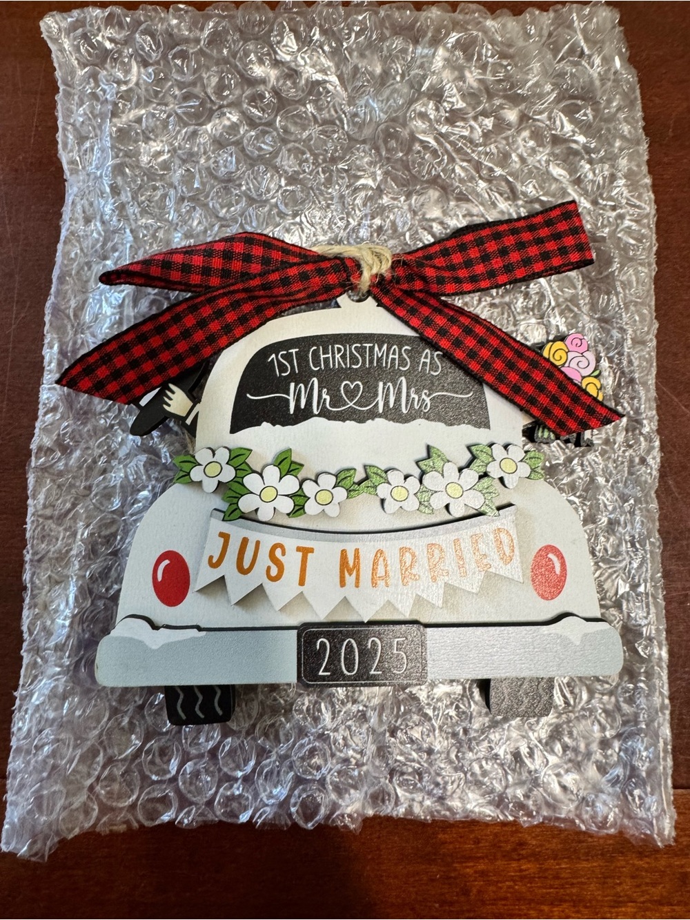 White 'Just Married' 2025 Ornament with Red Buffalo-Check Bow